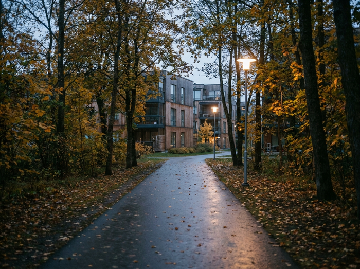 Knyter skorna i dimmig skog